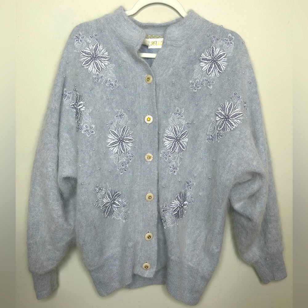 Vintage Pastel Blue Angora Rabbit Hair Lamb Wool Pearl Beaded Cardigan Sweater L